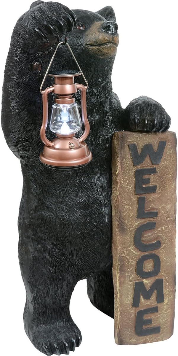 Black Forest Décor - Welcome Bear Solar Lantern - Outdoor Patio & Garden Décor with Solar Light, 18" W x 16" D x 33" H