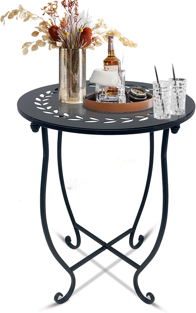 Round Side Table, 1 Pack 14 Inch Bedside Table for Living Room, Bedroom, Weather Resistant Black Metal Outdoor Side Table for Patio Balcony Yard Porch Garden, Plant Stand for Indoor Outdoor Use