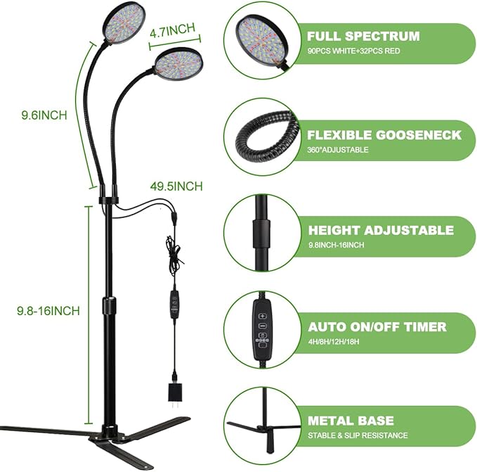 Grow Light 4.7'' LED Dual Ring,80W 6000K Full Spectrum Gooseneck Lamp for Indoor Plants Growing with Timer 4/8/12/18Hrs,Dimmable & Height Extendable 9-16''