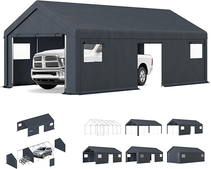 HERA'S PALACE Heavy Duty Storage Shed Outdoor Portable Car Canopy Carport Garage with 2 Rolled up Zipper Doors UV Resistant Waterproof Anti-Snow for Motorcycle Truck (Dark Gray, 13x24ft)