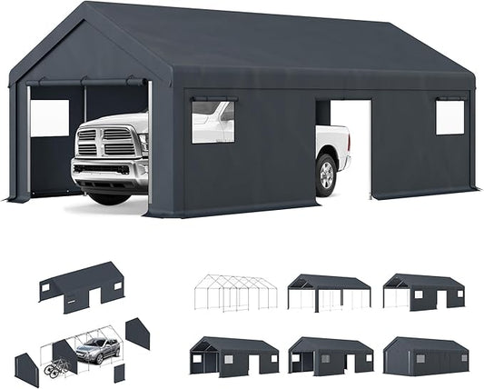 HERA'S PALACE Heavy Duty Storage Shed Outdoor Portable Car Canopy Carport Garage with 2 Rolled up Zipper Doors UV Resistant Waterproof Anti-Snow for Motorcycle Truck (Dark Gray, 13x24ft)