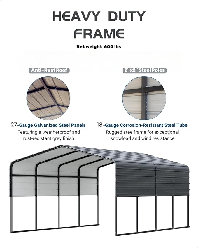 Metal Carport, Carport with Reinforced Base and Galvanized Steel Roof, Heavy Duty Garage Car Shelter Shade, Outdoor Car Port Canopy for SUV, Truck, Boats, 13x21 FT