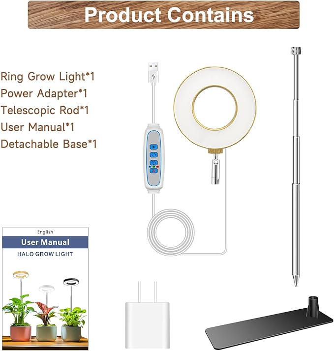 Grow Lights for Indoor Plants, 48 LEDs Full Spectrum Plant Grow Light, Height Adjustable Faux Wood Grain Halo Plant Light with Base, 3 Optional Spectrums, Auto Timer 6/12/16Hrs, 5 Brightness