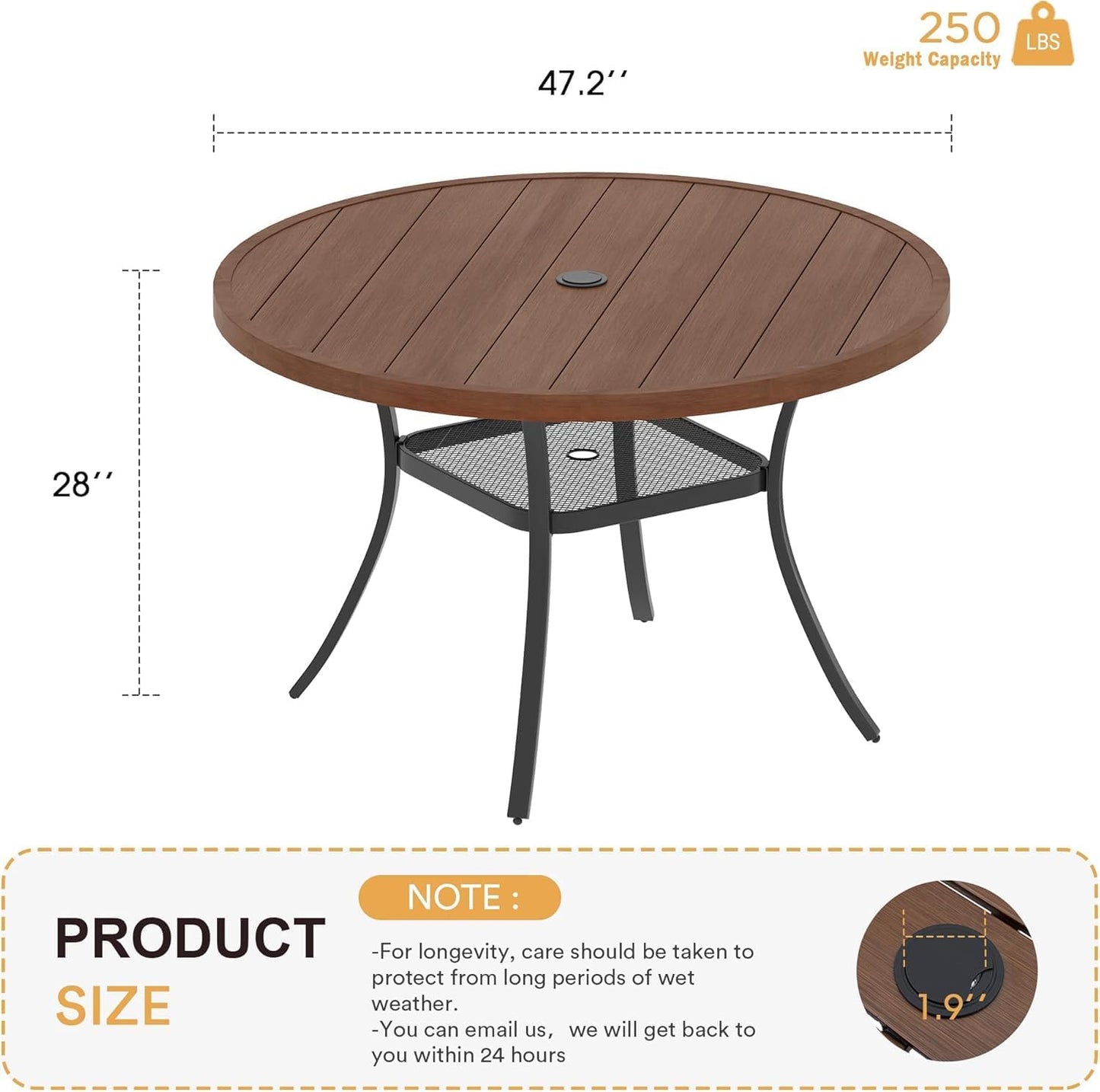 VICLLAX 47.2" Outdoor Round Patio Table for Lawn Garden, All Weather Metal Round Outdoor Dining Table with Adjustable Umbrella Hole, 6 Person Patio Table, Walnut Wood-Like Tabletop