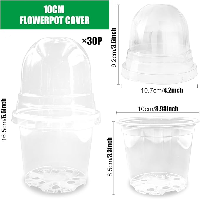 Transparent Nursery Pots 4Inch with Humidity Domes for Seeds Starting, Clear Plastic Plant Pots with Drainage Holes (4Inch, 30Pcs,Clear Pots with Lids)