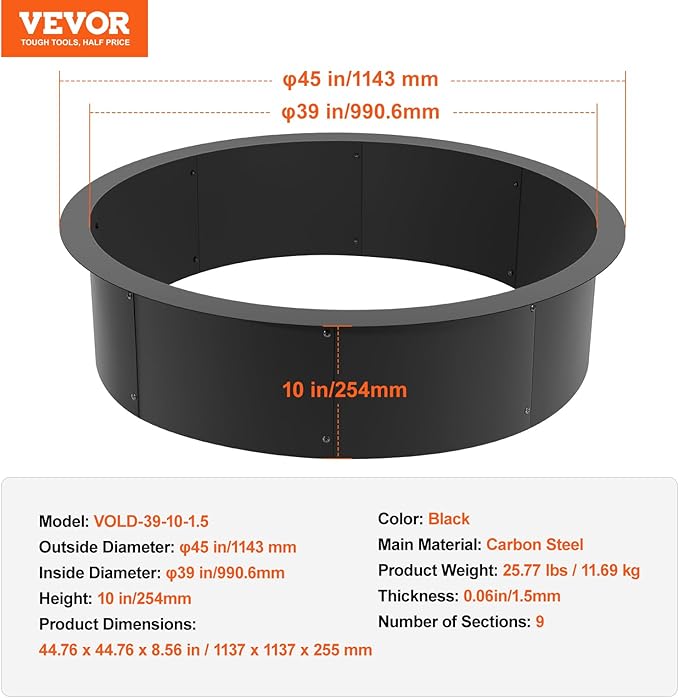 VEVOR Fire Pit Ring, 45-Inch Outer/39-Inch Inner Diameter, 10inch Height Fire Pit Insert, Heavy Duty Carbon Steel Liner DIY Campfire Ring Above or In-Ground, for Outdoor Camping, Bonfires