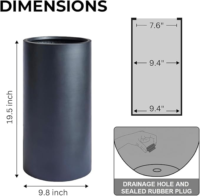 19.5"H x 9.8"D Tubo Fiberstone Cylinder Tall Planter with Drainage Hole, Smooth Finishes, Weather Resistant for Indoor and Outdoor Use, Included 2 Extra Coco Mats (Black, 8.2" Pot Opening)