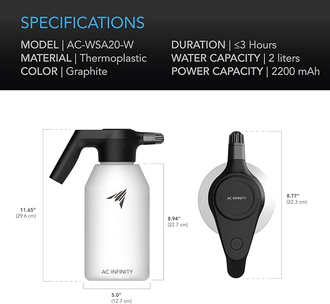 AC Infinity Automatic Sprayer, 2L Portable Electric Spray Bottle, USB Rechargeable with Adjustable Nozzle Spout for Plants Fertilizing Gardening and Cleaning (Frost)
