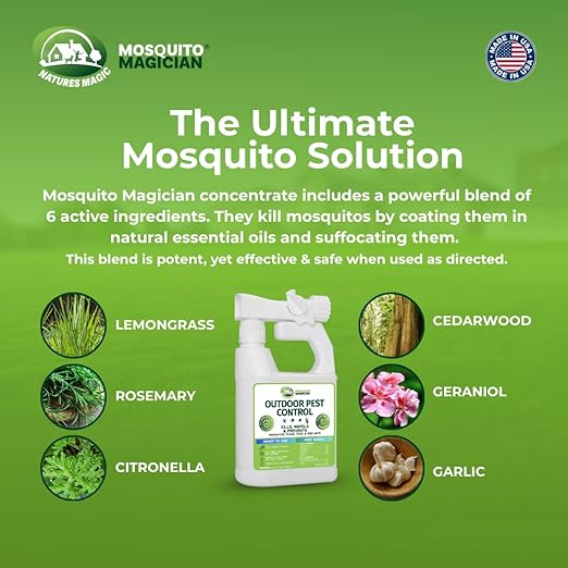Mosquito Magician Ready to Use Hose Sprayer - Holds 32 Fl Oz of Liquid - Refillable - Kills Mosquitoes, Fleas, and Fire Ants - for Yards, Lawns, Patios - with Essential Oils - Mint