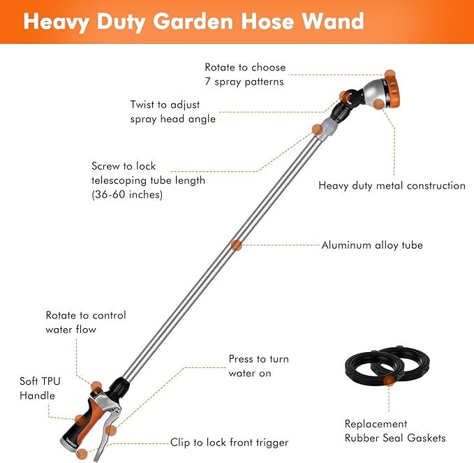 RESTMO Metal Watering Wand, 36”-60” Long Telescopic Tube | 180° Adjustable Ratcheting Head | 7 Spray Patterns | Flow Control, Perfect Garden Hose Sprayer to Water Hanging Baskets, Shrubs, Orange