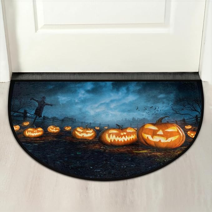 cfpolar Halloween Half Round Door Mat, Semicircle Pumpkin Doormat, Non Slip Area Rug, Soft, Wear Resistant, 24 x 36 in