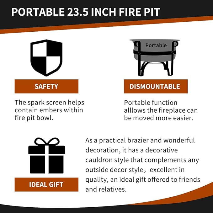 Wostore Wood Burning Fire Pits for Outside 23.5 Inch Portable Bronze Cauldron Camping Bonfire Patio Backyard Fireplace with Spark Screen and Poker