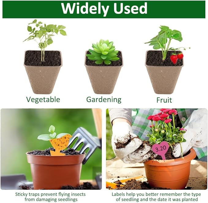 Seed Starter Trays, 174 Pcs 3.15 Inch Square Biodegradable Peat Pots, Drainage Holes Nursery Pot, (Light Brown Square)