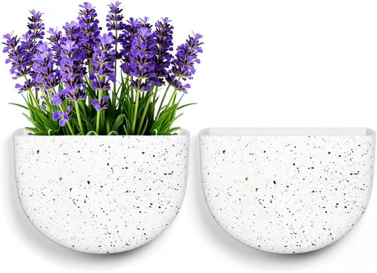 2 Pack Wall Hanging Planter Pots for Indoor and Outdoor Plants, 7 Inch Half-Moon-Shaped Plastic Wall Planter, Wall Mounted Succulent Planters (Speckled White)