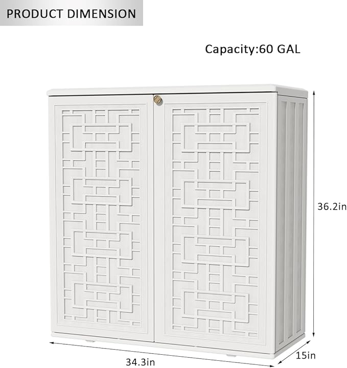 KINYING Outdoor Storage Cabinet Waterproof, Resin 60 Gallon Deck Box for Patio Furniture Cushions, Garden Tools, Pool Tools and Kids’ Toys (Off White with 1 Shelving)