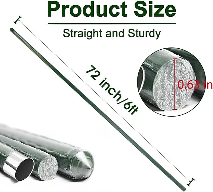 Garden Stakes 6ft, 6Feet Metal Plant Stakes 25 Pack for Gardening and Farm, 72" Plastic Coated Plant Support for Tomato, Cucumber, Bean, Flower, Potted and More Climbing Plants