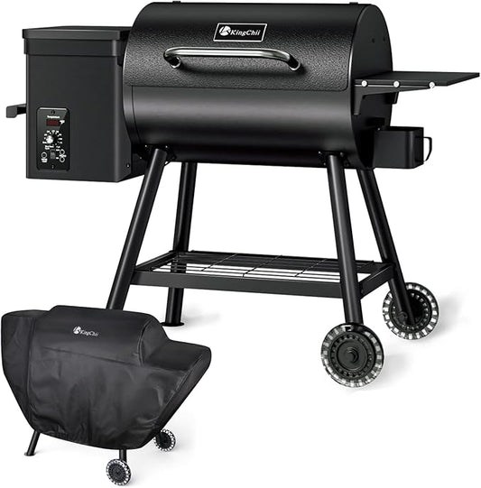 KingChii Electric Wood Pellet Grill & Smoker with Side Shelf, 456 SQ.IN Grill Capacity, with PID Temperature Control (180-425°F) for Backyard Camping Bake and Roast, Black with Cover
