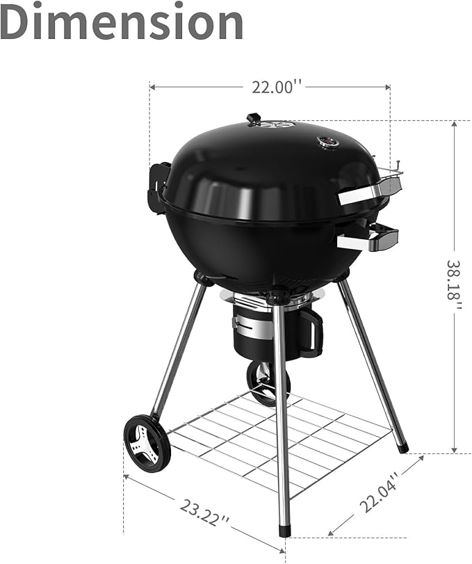 22.5-Inch Portable Charcoal Grill, Heavy Duty Kettle BBQ Smoker with Built-in Thermometer & Removable Water-Rinsable Ash Catcher for Outdoor Camping, Patio, Backyard, and Tailgating