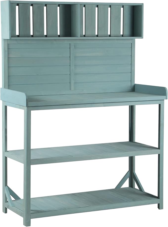 Merax 65" Large Wooden Farmhouse Rustic Outdoor Potting Bench Table with 4 Storage Shelves and Side Hook, Patio Workstation, for Garden, Backyard, Green