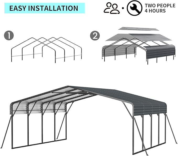 20x20 FT Metal Carport, Heavy Duty Car Port Canopy with Galvanized Steel Roof & Frame, Oversized Metal Carport Kit, Outdoor 2 Car Garage, Steel Car Shelter for Car, Boat, Truck, Dark Gray