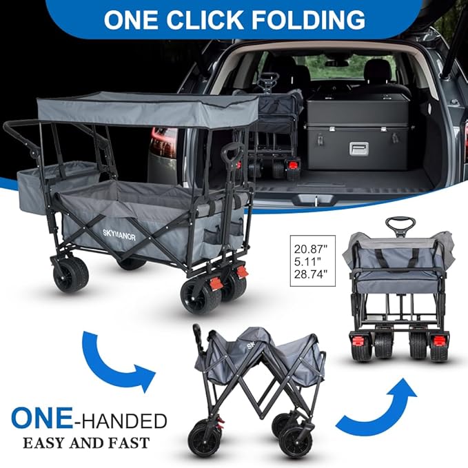 SKYMANOR Collapsible Wagon with Removable Canopy, 3-in-1 Heavy Duty Garden Cart with Big All-Terrain Wheels, Brakes, Adjustable Push Pull Handle, Cooler Bag, 300LBS Wagon Cart for Camping (Grey)