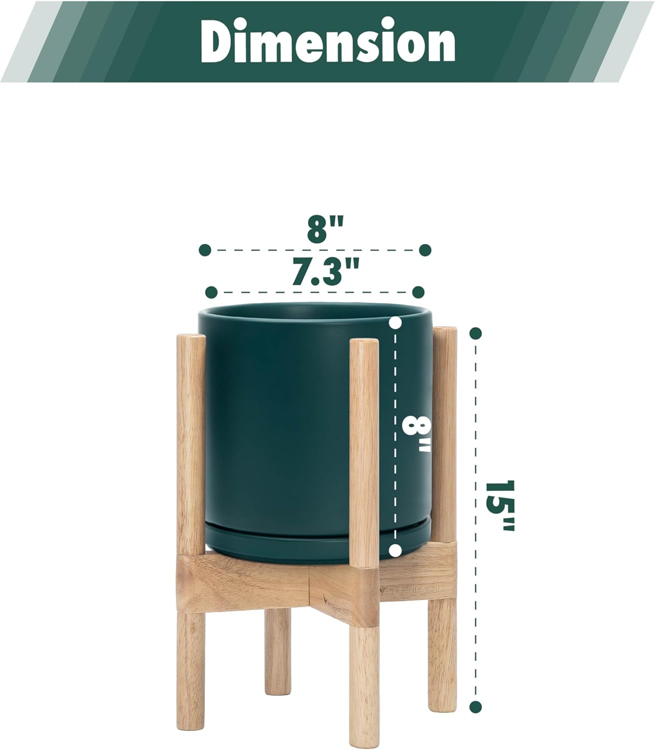 D'vine Dev Ceramic Planter with Natural Stand - 8 Inch Modern Round Flower Pot with Wood Planter Holder, Teal, 55-B-N-4