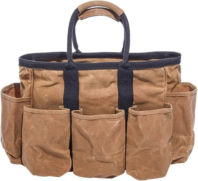 14" Waxed Canvas Supply Bag/Garden Tool Tote/Cleaning Organizer/Mobile Bar/Versatile Storage Tote With Pockets/Utility Bag with Heavy Duty Handles