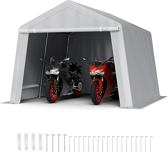 VEVOR Outdoor Storage Shed, 10 x 10 ft Portable Storage Tent with Roll-up Door & Vents, Waterproof Canopy Shed Shelter, Heavy Duty Frame, Patio Garage Carport for Motorcycle, Lawn Mower, Bike, Grey