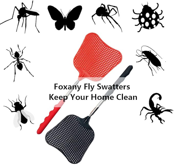 foxany Fly Swatters Extendable, Durable Plastic Fly Swatter Heavy Duty Set, Telescopic Flyswatter with Stainless Steel Handle for Indoor/Classroom/Office (3 Pack)