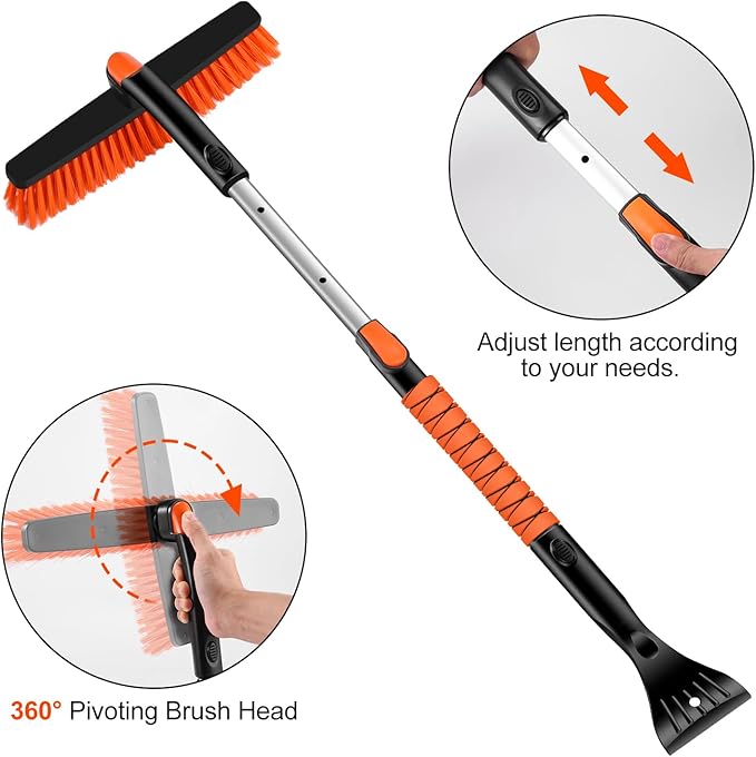 Odoland Ice Scraper with Snow Brush and Snow Shovel, 35" Extendable Snow Remover with Foam Grip, 360° Pivoting Brush Head for Car Windshield, Emergency Snow Scraper for SUV Truck Vehicle, Orange