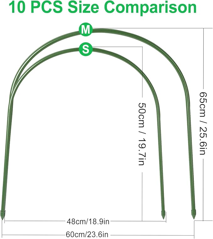 FOTMISHU Garden Hoops, 10PCS Greenhouse Hoops Rust-Free Grow Tunnel, All-in-one 23.6" x 25.6" Garden Stakes with Plastic Coated Plant Supports for Raised Beds Row Cover Garden Fabric