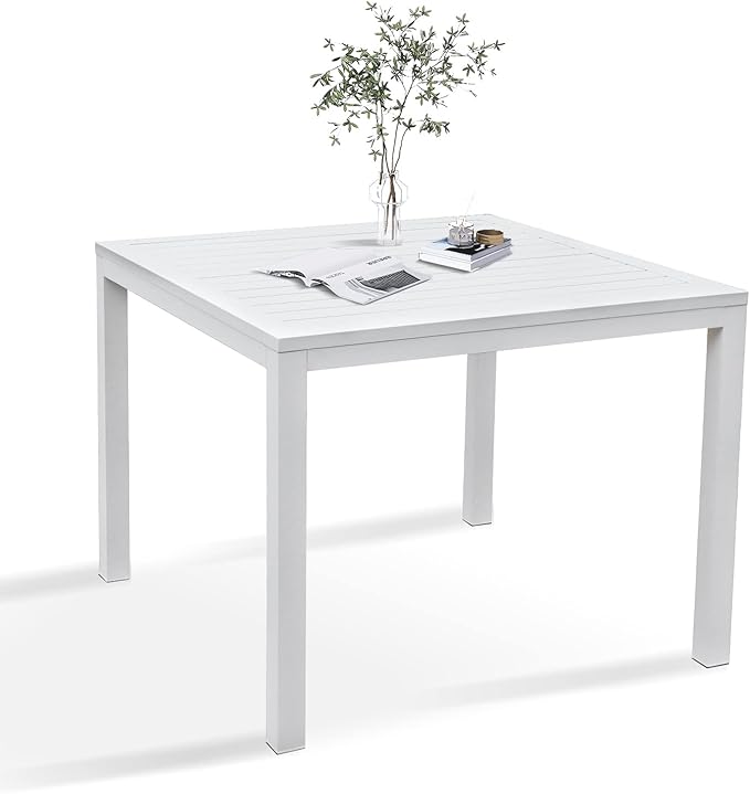 36 Inch Aluminum Outdoor Dining Table - Square Patio Table for 4-Person, Weather-Resistant Dining Table Furniture for Lawn Backyard Garden Deck Kitchen Indoor Outdoor Use (White)