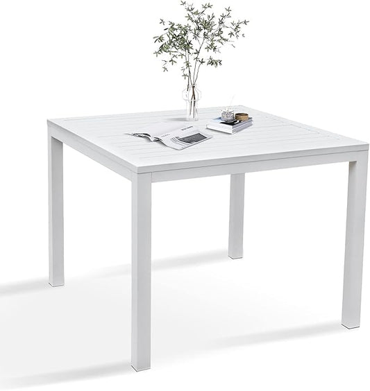 36 Inch Aluminum Outdoor Dining Table - Square Patio Table for 4-Person, Weather-Resistant Dining Table Furniture for Lawn Backyard Garden Deck Kitchen Indoor Outdoor Use (White)