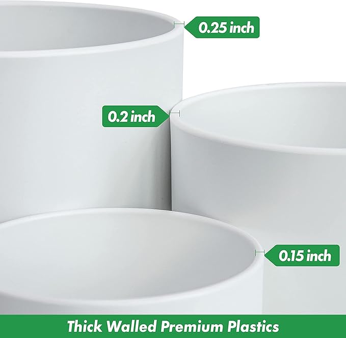 D'vine Dev 6 Inch 6.5 Inch 8 Inch, Set of 3 Plastic Planter Pots for Plants with Drainage Hole and Seamless Saucers, White Color, Medium, 74-V-A-3