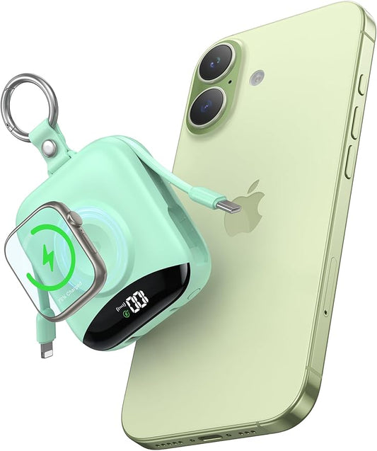 Portable Power Bank, 10000mAh 22.5W Fast Charging Phone Charger with Built-in Cables, Travel Essential Battery Pack with LED Display, Keychain Battery Bank for iPhone, iWatch 10/9/8/7/6/SE/5/4 Green