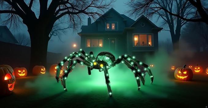 4.2Ft Giant Spider Halloween Decorations Outdoor 52" Light Up Spider with 90 LED Lights for Front Yard, Porch, Garden, Lawn, Halloween Party (Green)