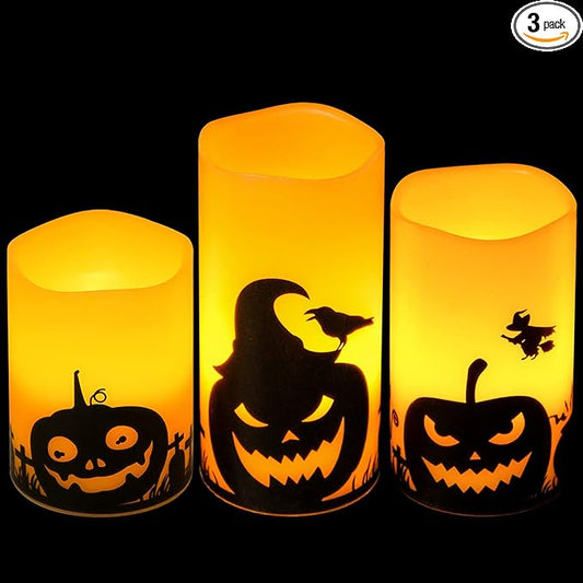 Eldnacele Halloween Flameless Candles, LED Flickering Battery Pillar Candles with 6H Timer and Pumpkin Decals, Spooky Fall Halloween Festival Party Decoration Set of 3 (D 3” x H 4” 5” 6”)