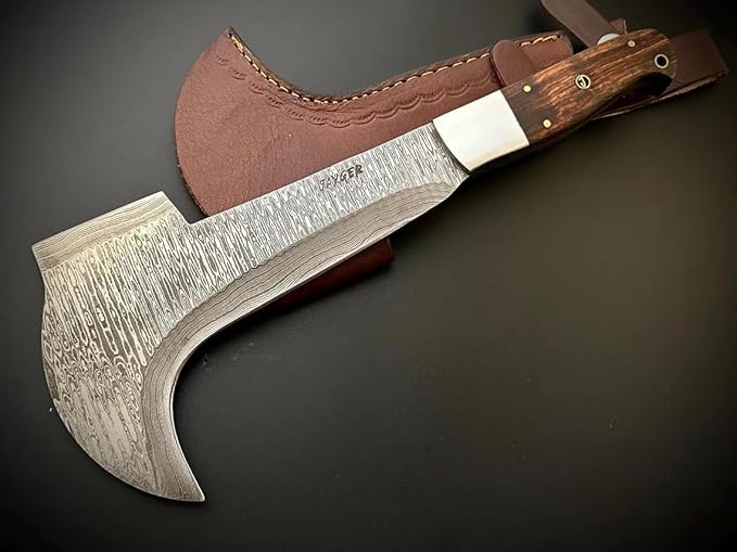 Hand Forged Damascus Steel Machete Billhook Sickle Knife | Yard Work | Machete for Cutting Trees | Brush Clearing Garden Tools | Leather Cover | Belt Loop