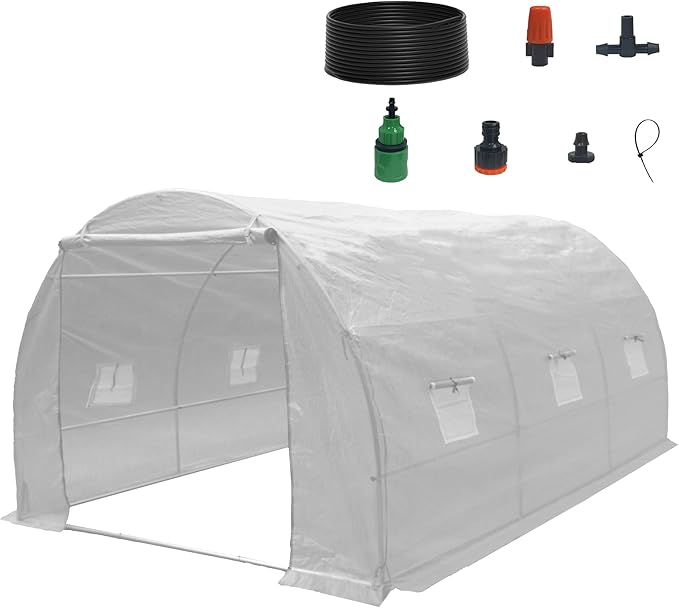 9.8x6.5x6.5 Ft Walk in Greenhouse, Portable Greenhouse, Greenhouse Tunnel, Heavy-Duty Outdoor Greenhouse with Watering System, Roll-up Zipper Door and Window for Outdoor, PE Cover, White