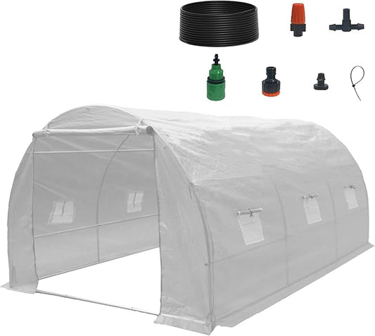 9.8x6.5x6.5 Ft Walk in Greenhouse, Portable Greenhouse, Greenhouse Tunnel, Heavy-Duty Outdoor Greenhouse with Watering System, Roll-up Zipper Door and Window for Outdoor, PE Cover, White