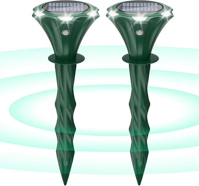 Mole Repellent Solar Powered, 2 Pack Snake Repellent for Yard Waterproof Motion Detection LED Flash Light, Ultrasonic Skunk Repellent Get Rid of Mole, Vole, Rabbit, Gopher, Raccoon, Deer