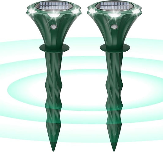 Mole Repellent Solar Powered, 2 Pack Snake Repellent for Yard Waterproof Motion Detection LED Flash Light, Ultrasonic Skunk Repellent Get Rid of Mole, Vole, Rabbit, Gopher, Raccoon, Deer
