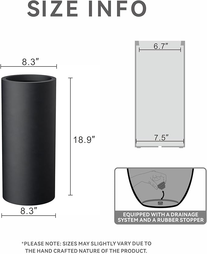 Kante 18.9 Inch Tall Cylindrical Planter, Large Round Plant Pots with Drainage Hole, Made with Concrete, Suitable for Indoor Outdoor Plants, Home Decor, Black