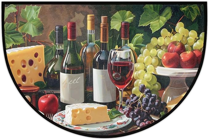 cfpolar Non-Slip Soft Half Round Door Mat, Wine Cheese Grapes Semicircle Mat for Indoor Entrance Garage Bath Living Room Patio 24 x 36 in