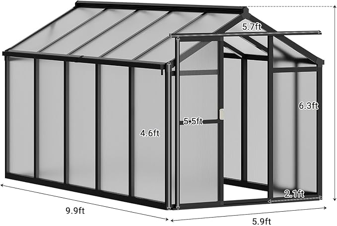 Greenhouse, 6x10 Ft Outdoor Greenhouses with Roof Vents and Sliding Doors, Aluminum Frame Polycarbonate Accessible Greenhouses, Suitable for Outdoor Gardens and Backyards, Black