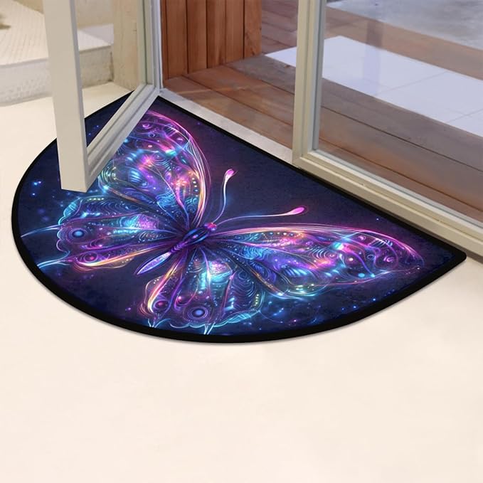 cfpolar Non-Slip Soft Half Round Door Mat, Glowing Purple Butterfly Semicircle Mat for Indoor Entrance Garage Bath Living Room Patio 24 x 36 in