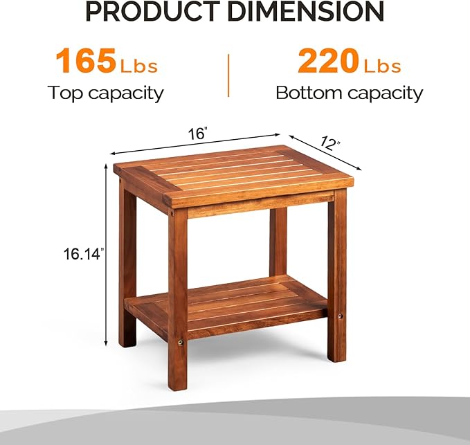 VINGLI 2-Tier Solid Wood Outdoor Side Table, Weather-Resistant Patio End Accent Table Wooden Coffee Table for Garden, Balcony, Porch