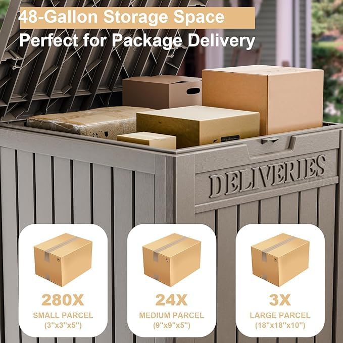 48 Gallon Resin Package Delivery Box - Rust & Moisture Resistant, Lockable, Waterproof Deck Box for Porches, Patios, Indoor & Outdoor Use（Grey，48GAL）