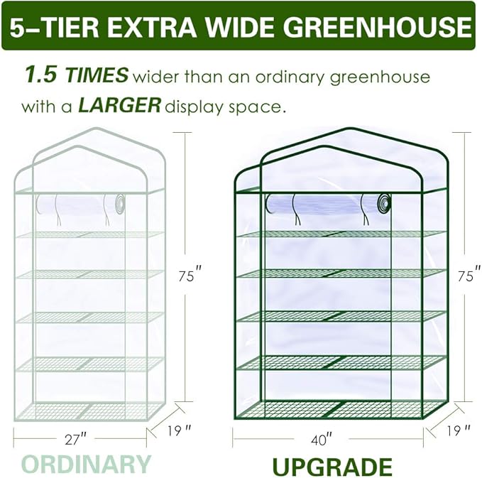 Worth Garden 50% Extra Wide Mini Greenhouse 5 Tier Portable Plant Green House 40in Wide -Sturdy Gardening Shelves with PVC Cover - Indoor & Outdoor Wheatgrass Growing - 19″x40″x75″