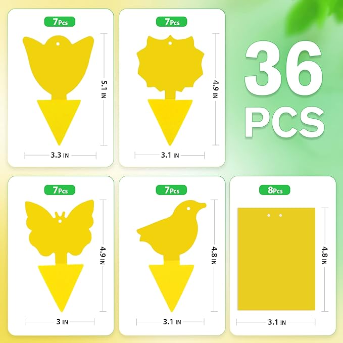 36 Pcs Combo Sticky Traps for Fungus Gnat (Plants), Flying Insect, Whitefly and Fly, Yellow Sticky Insect Catcher Traps for Indoor/Outdoor, Kitchen, and Plants, High-End Glue, Non-Toxic, 5 Shapes